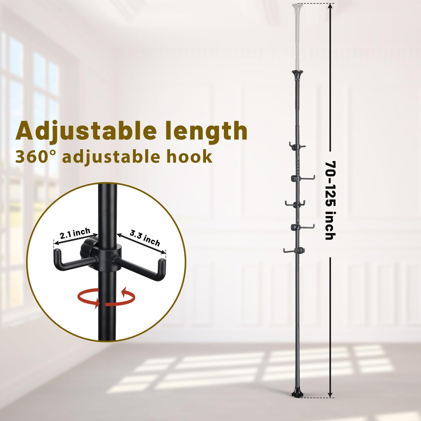 TAILERNRUYE Coat Rack Freestanding,Adjustable 56-125 inch Tension Rod Coat Tree 12 Hooks Hanger Stand for Coat Hat Bedroom Livingroom Kitchen Bathroom Apartment Entryway Hall Office Black