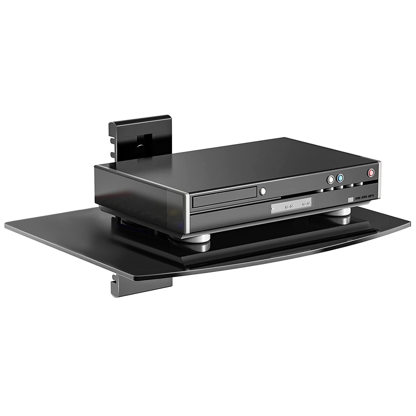 suptek Glass Floating Shelf, 1 Tier Media Shelf for TV Accessories, Flat Black Wall Mount Bracket, 17.6lbs Weight Capacity, Quick Installation, Cable Management, Custom Style, Backless