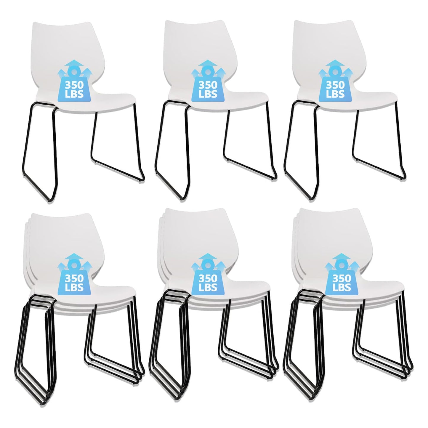 KLASIKA Stackable Waiting Room Chair, Stacking Office Chair with Ergonomic Lumbar Support and Metal Legs, Plastic Desk Chairs for Conference School Church Guest Reception Set of 12, White