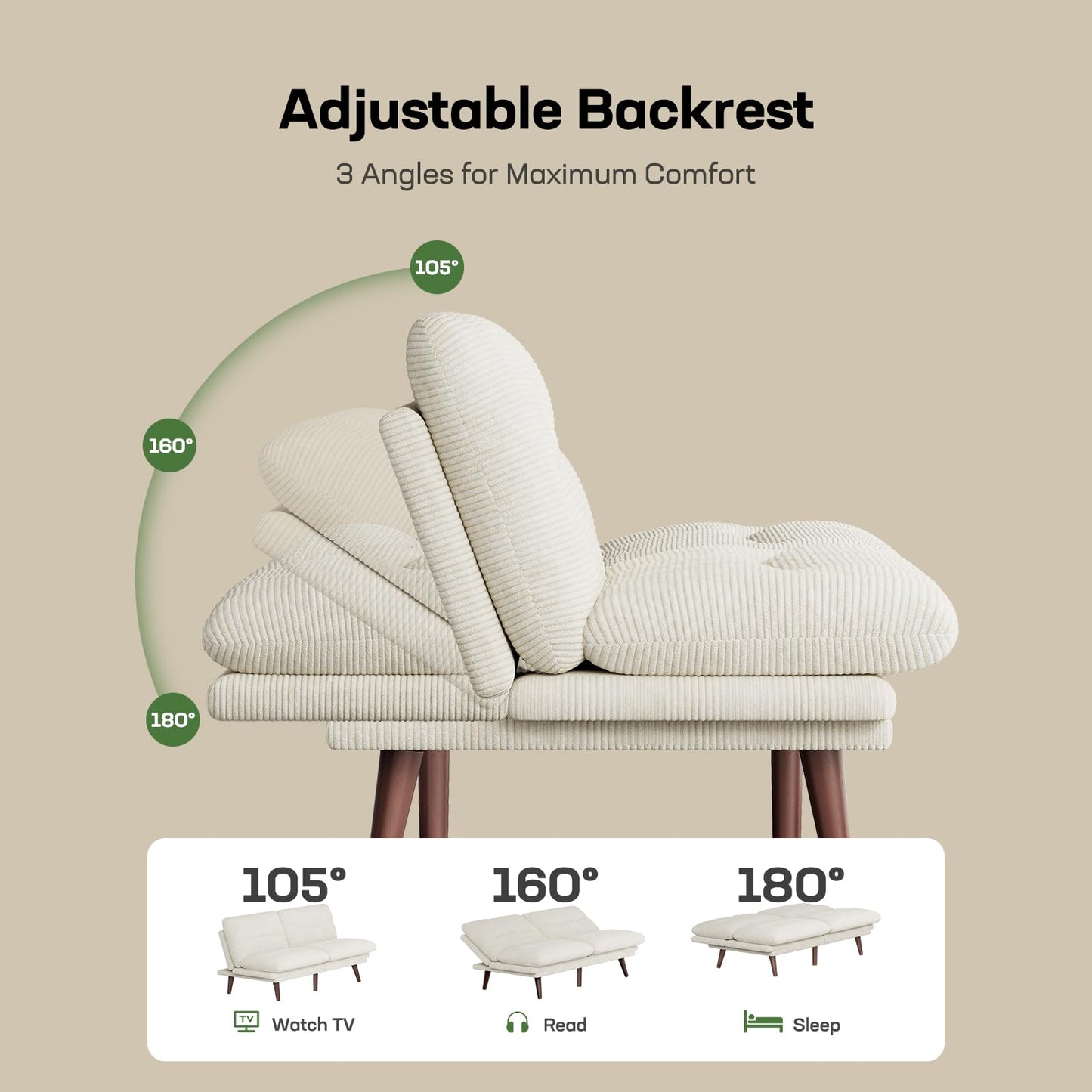 Marsail 66" Futon Sofa Bed, Convertible Corduroy Futon Couch with Adjustable Backrest & Armrests, Small Sleeper Sofa Loveseat for Living Room, Apartment, Office, White