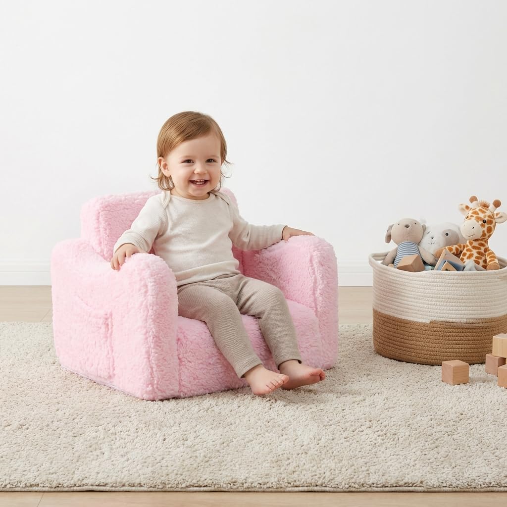 Toddler Couch 2-in-1 Flip Open Convertible Sherpa Kids Sofa Chair, Pink