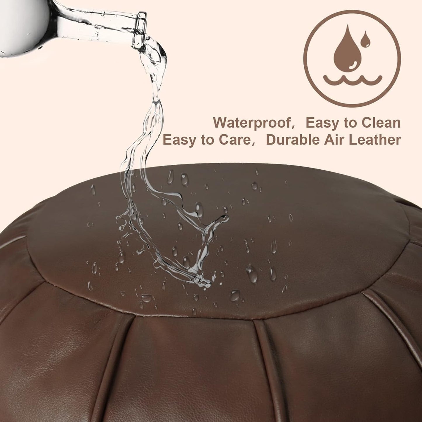 Louis Donné Brown Waterproof Faux Leather Unstuffed Pouf Ottoman, Handmade Moroccan Pouf Cover 21"x13", Round Floor Cushion Floor Chair Footstool for Living Room, Bedroom and Wedding (Only Cover)