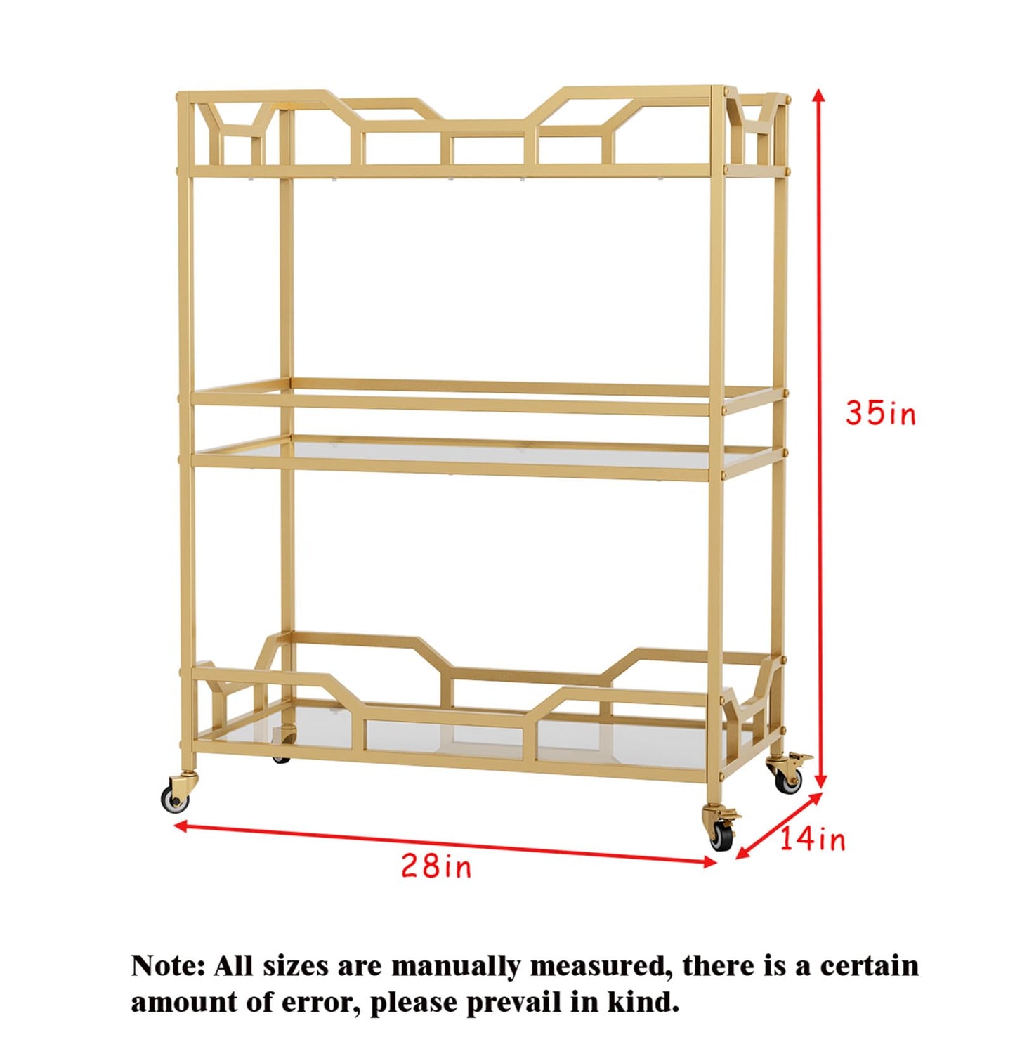 LORMITER Square Gold Bar Carts with 3 Tier Storage Glass Shelves Holder Home Serving Bar Carts on Wheels for Kitchen, Bar, Dinning Room