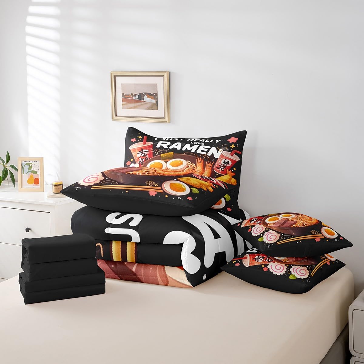 Erosebridal 7 Piece Ramen Noodle Queen Bedding Set,Japanese Style Anime Comforter Set with Sheets,Cherry Blossom Bed Set,Funny Food Themed Bed in a Bag Ramen Gifts for Kids Girls Boys Adults