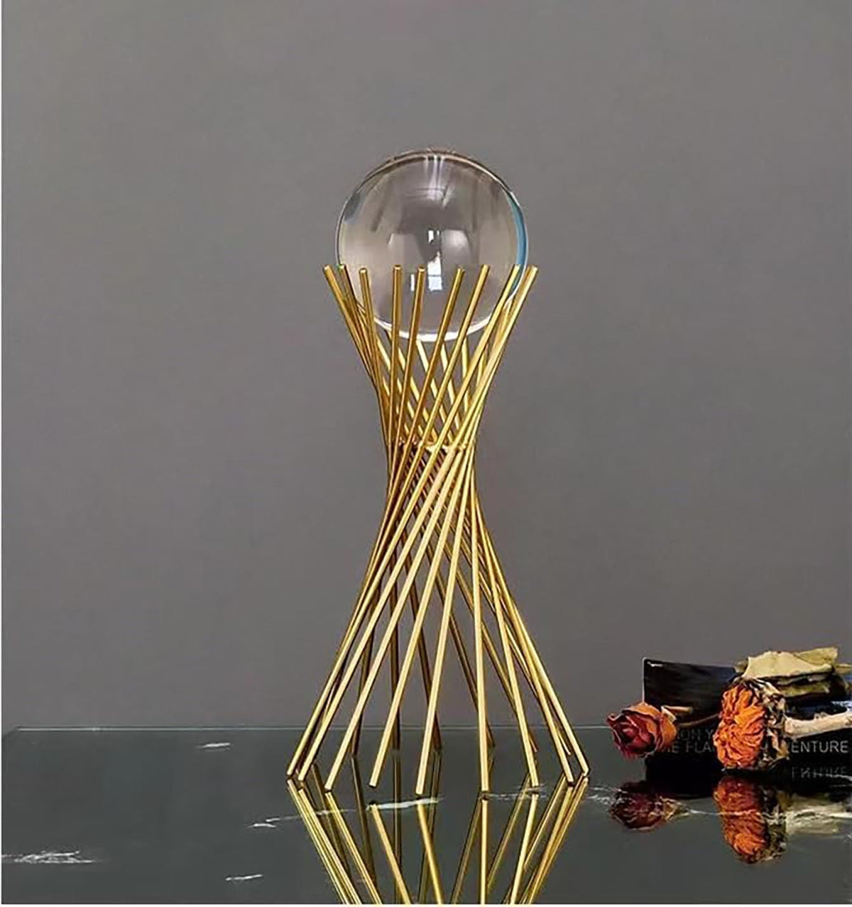 WQKING 3D Modern Abstract Art Crystal Ball with Gold Iron Stand Decorative Ornaments for Living Room Bedroom TV Cabinet Crafts Gifts Office Home Deco (5.5" D x 3.1" W x 7" H)