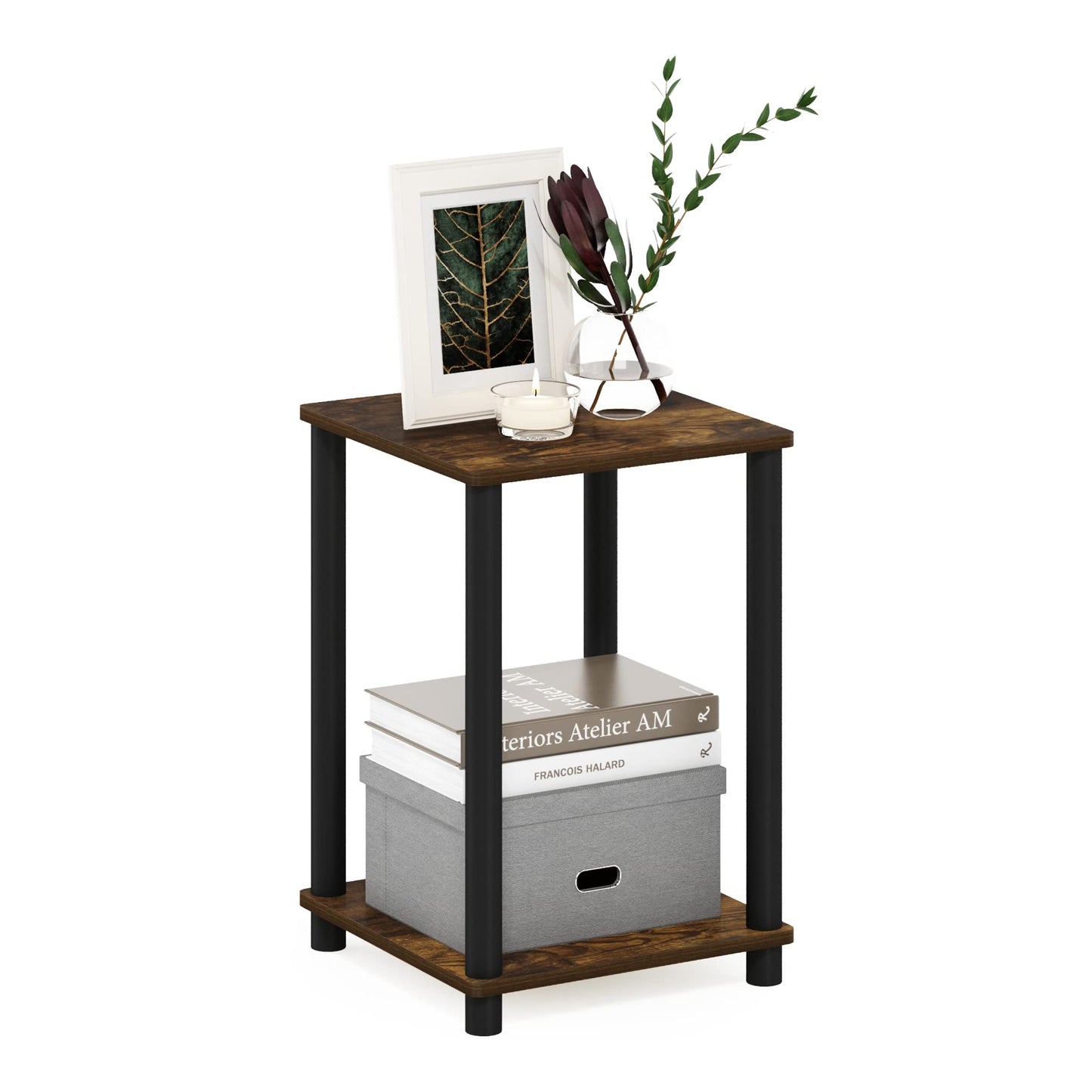 Furinno TURN-N-TUBE Side Table, 2-Tier Modern Square End Table with Open Shelf, Toolless Night Stand, Bedside Table, for Living Room, Bedroom, Amber Pine
