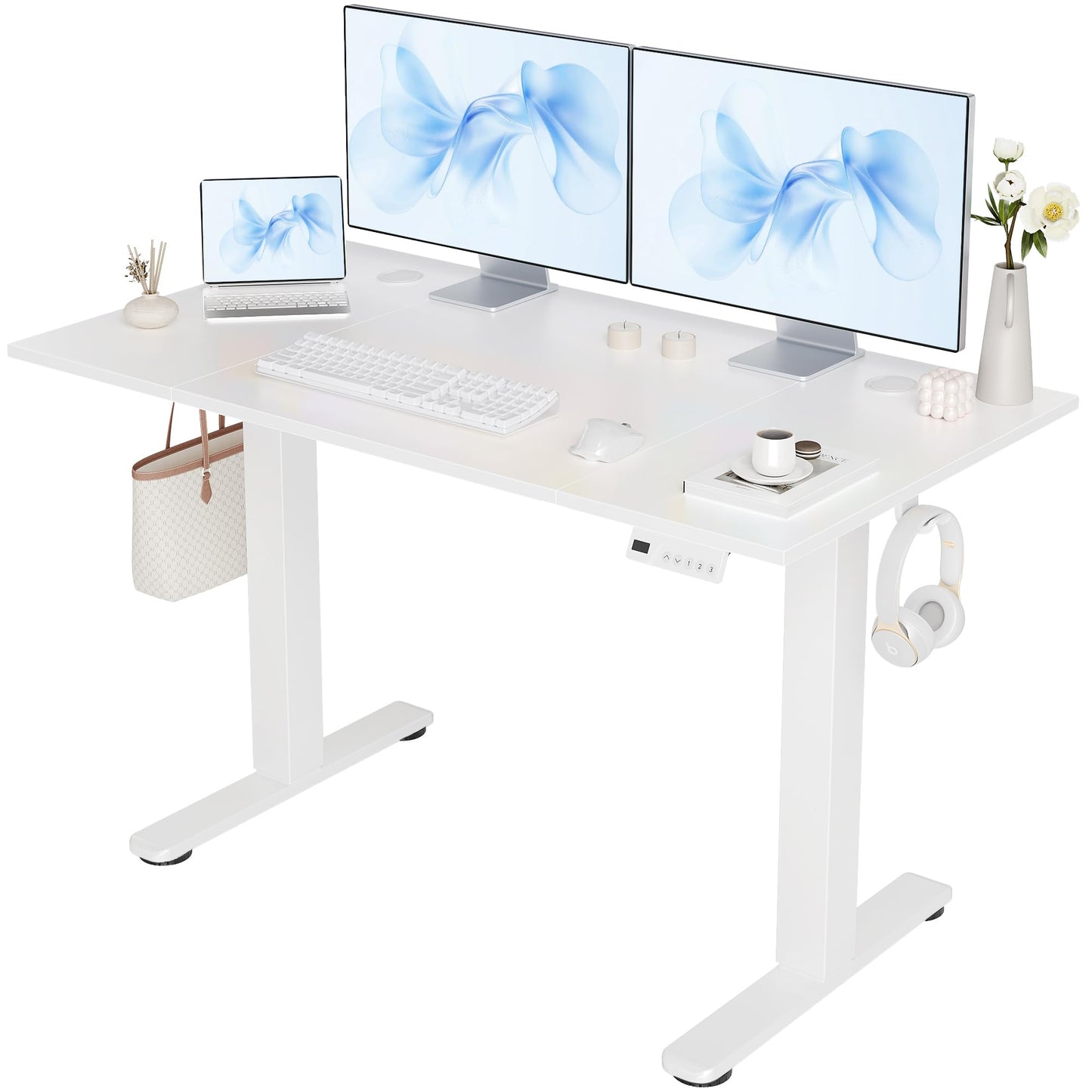 Claiks Electric Standing Desk, Adjustable Height Stand up Desk, 48x24 Inches Sit Stand Home Office Desk with Splice Board, White Frame/Cold White Top