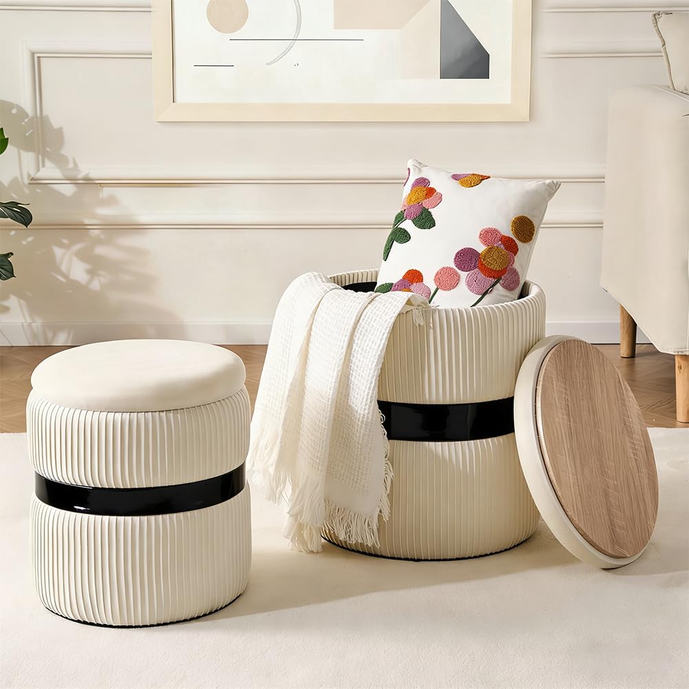 2BYF Velvet Round Ottoman Set of 2 with Storage, 12 Gallon Hidden Storage Ottoman, Multi-Functional Footrest Stool, Vanity Seat, Coffee Table, No Assembly Required, Holds 300lbs, (White)