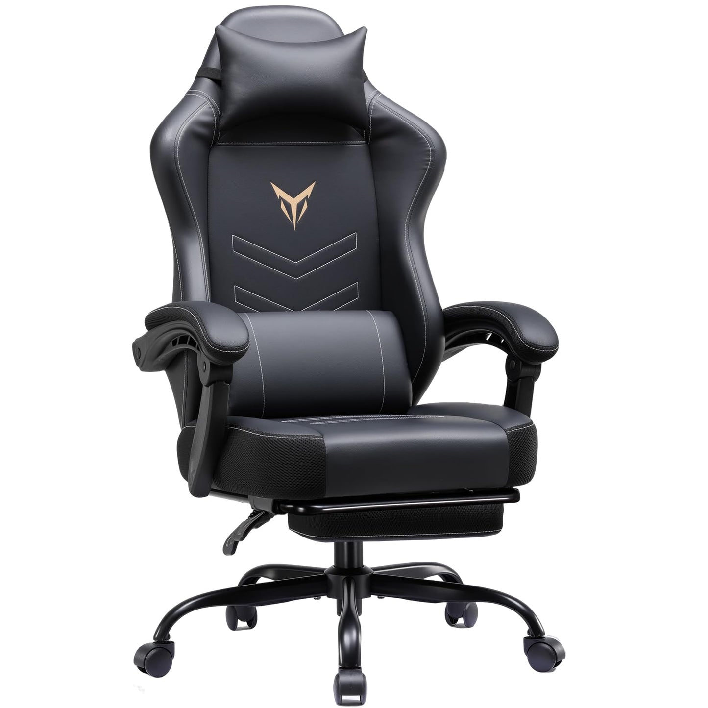 GTPLAYER Gaming Chair, Office Chair High Back Computer Chair with Foot Rest for Adults, Leather Desk Chair Executive Ergonomic Height Adjustable with Headrest and Lumbar Support, 300lbs Dark Black