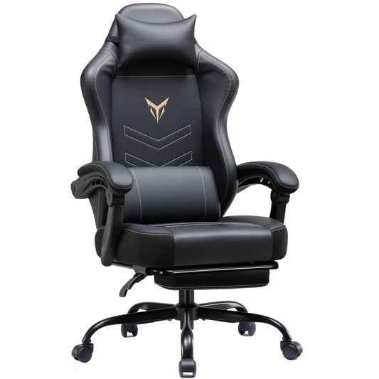 GTPLAYER Gaming Chair, Office Chair High Back Computer Chair with Foot Rest for Adults, Leather Desk Chair Executive Ergonomic Height Adjustable with Headrest and Lumbar Support, 300lbs Dark Black