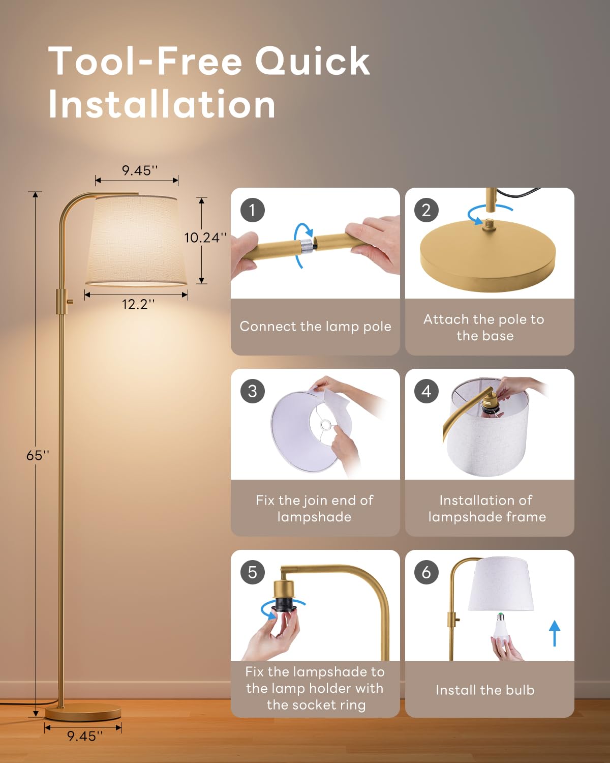 VARICART Smart Arc Floor Lamp, 65" Compatible with Alexa & App Control, RGB Color-Changing & 2700K-6000K, 1%-100% Dimmable, Music Sync, 1200lm, 350° Swivel Woven Linen Shade, No Registration Required