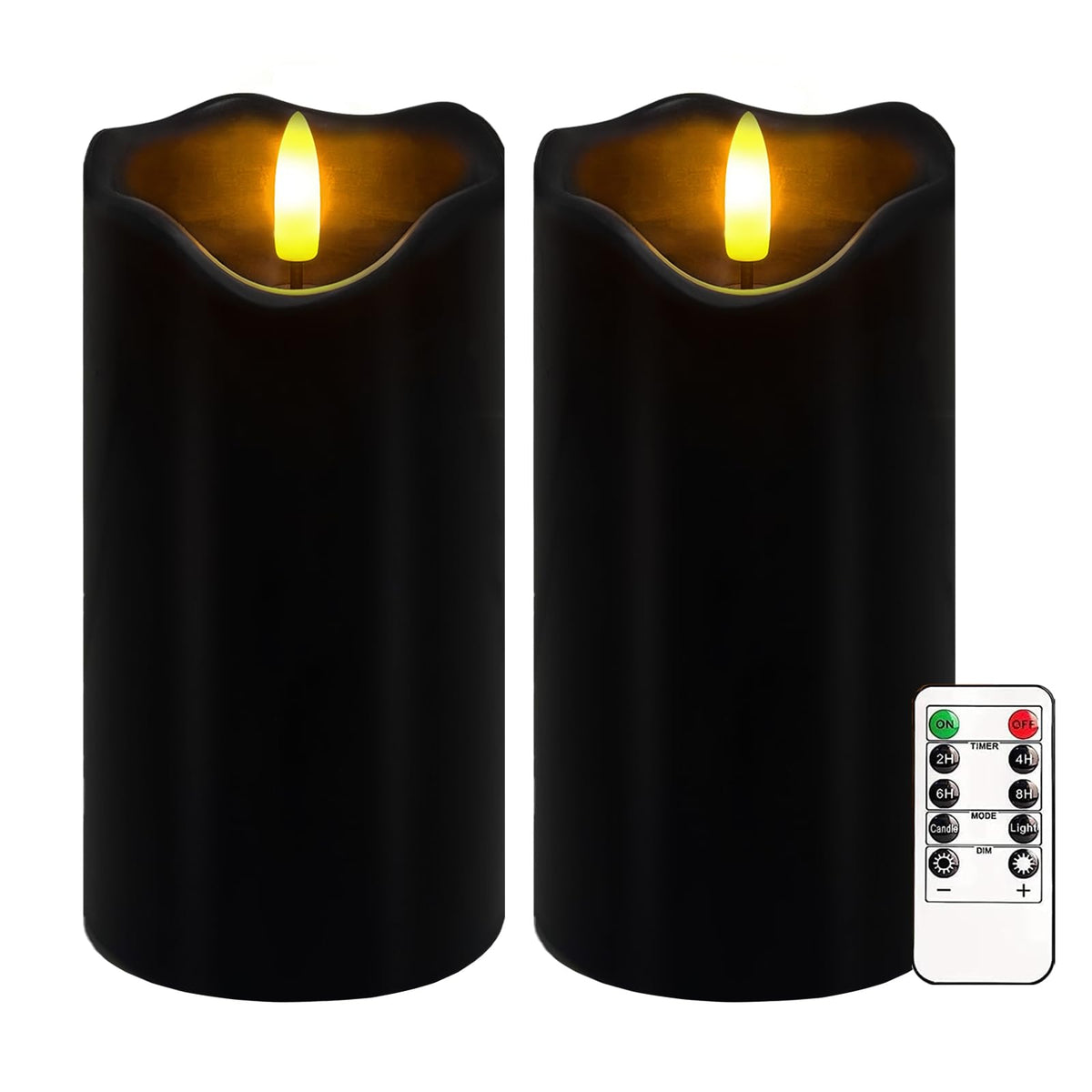 Black Flameless Candles, Set of 2 6"x3" Flickering LED Candles with Remote & Timer, Dimmable Real Wax Electric Pillar Candles Battery Operated, Flameless Candles Light for Home Halloween Decor (Black)