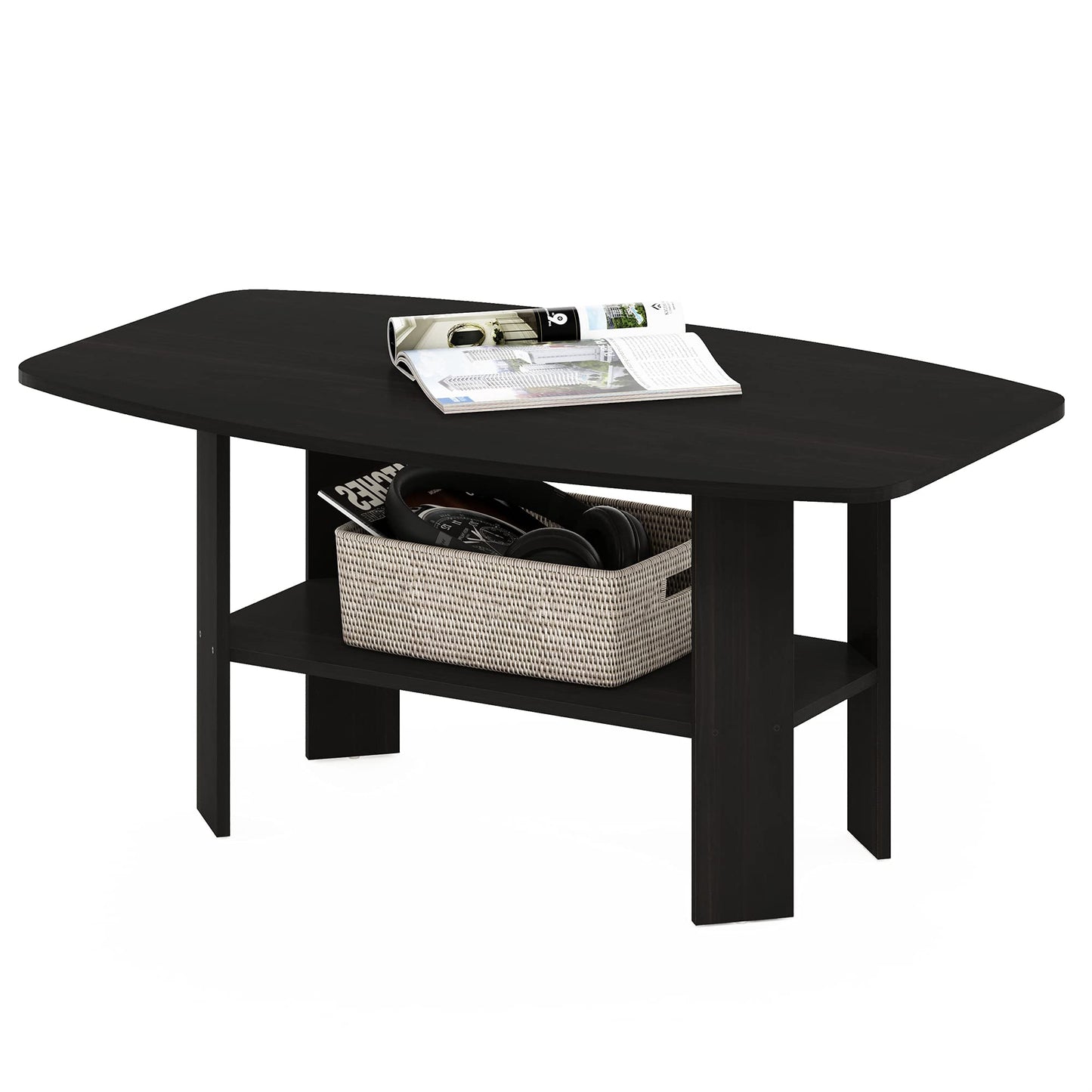 Furinno Simple 2-Tier Coffee Table, Black Center Table wih Open Shelf, Side Table Tabletop with Soft Edges, for Living Room, Home Office, Black Espresso