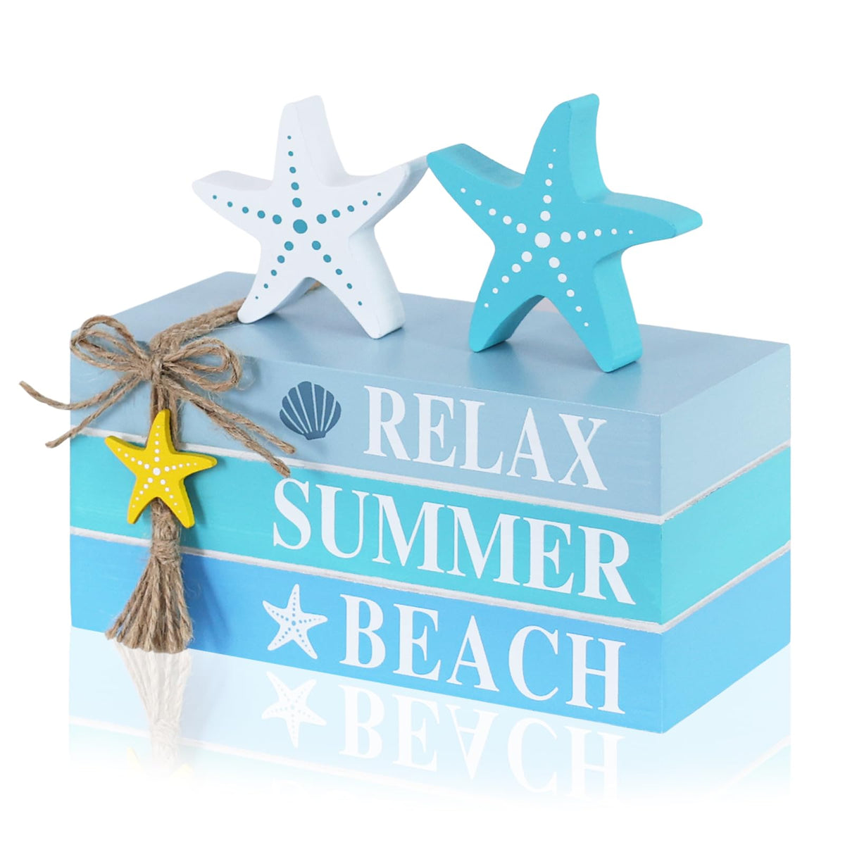 DECSPAS Beach Summer Table Decor, Starfish Wooden Stacked Books Sign for Ocean Tiered Tray Decorations, Coastal Nautical Shelf Table Centerpiece for Home, Room, Mantel, Tabletop, Farmhouse Gift