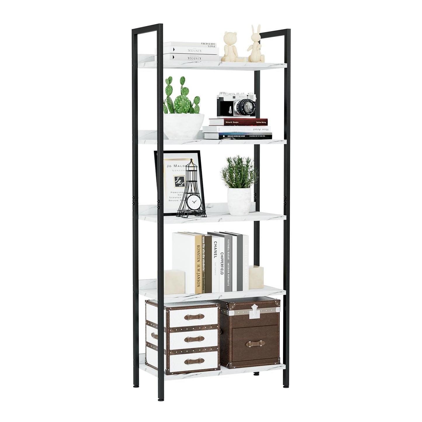 NUMENN Bookshelf, 5 Tier Bookshelves, Home Office Bookcase Shelf Storage Organizer, Free Standing Storage Shelving Unit for Bedroom, Living Room and Home Office, White Marble