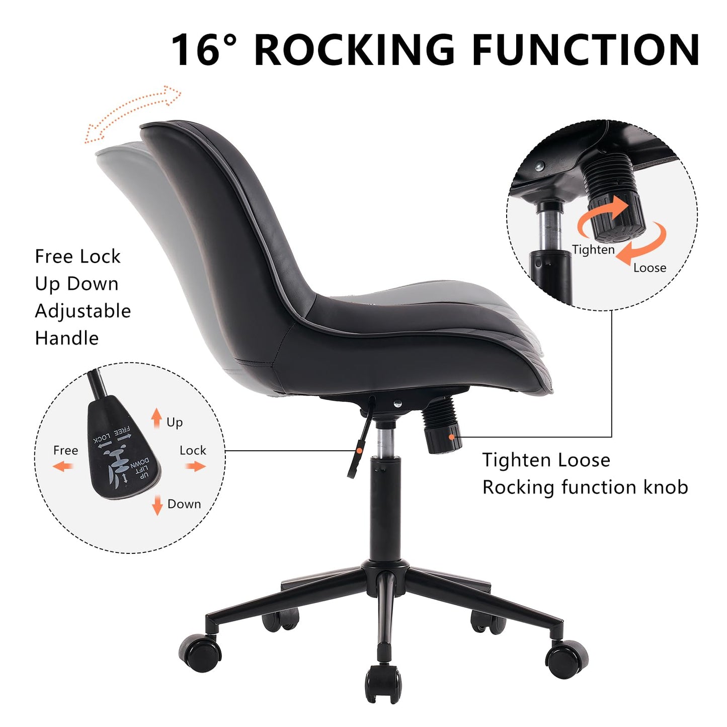 YOUNIKE Black Faux Leather Ergonomic Office Chair Armless Comfy Desk Chair with Rocking Back Cute Swivel Vanity Chair with Wheels Height Adjustable Small Computer Task Chair for Sewing Drafting
