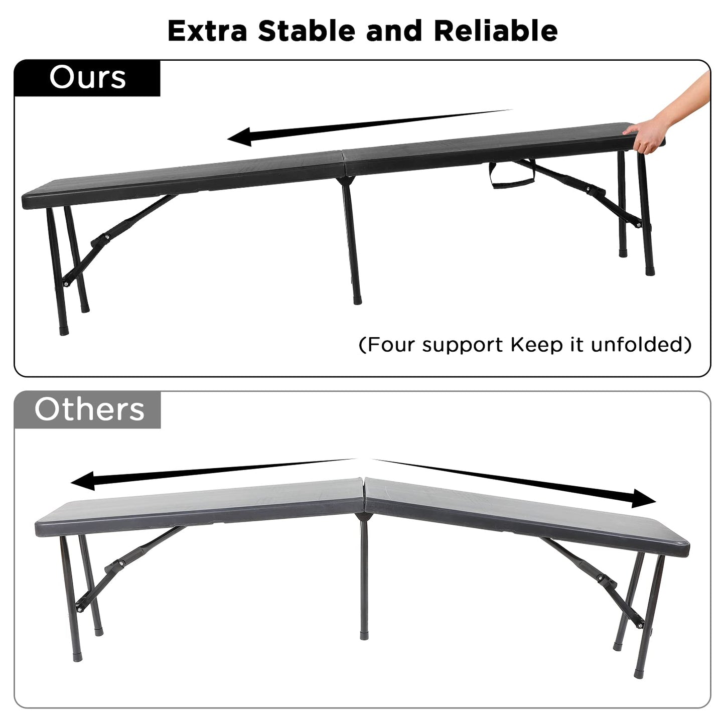 Roowest Black Folding Bench 6 Feet Plastic Outdoor Portable Foldable Bench Seat Eating with Carrying Handle for Dining Camping Picnic BBQ Sports Garden Indoor Outdoor Patio Activities