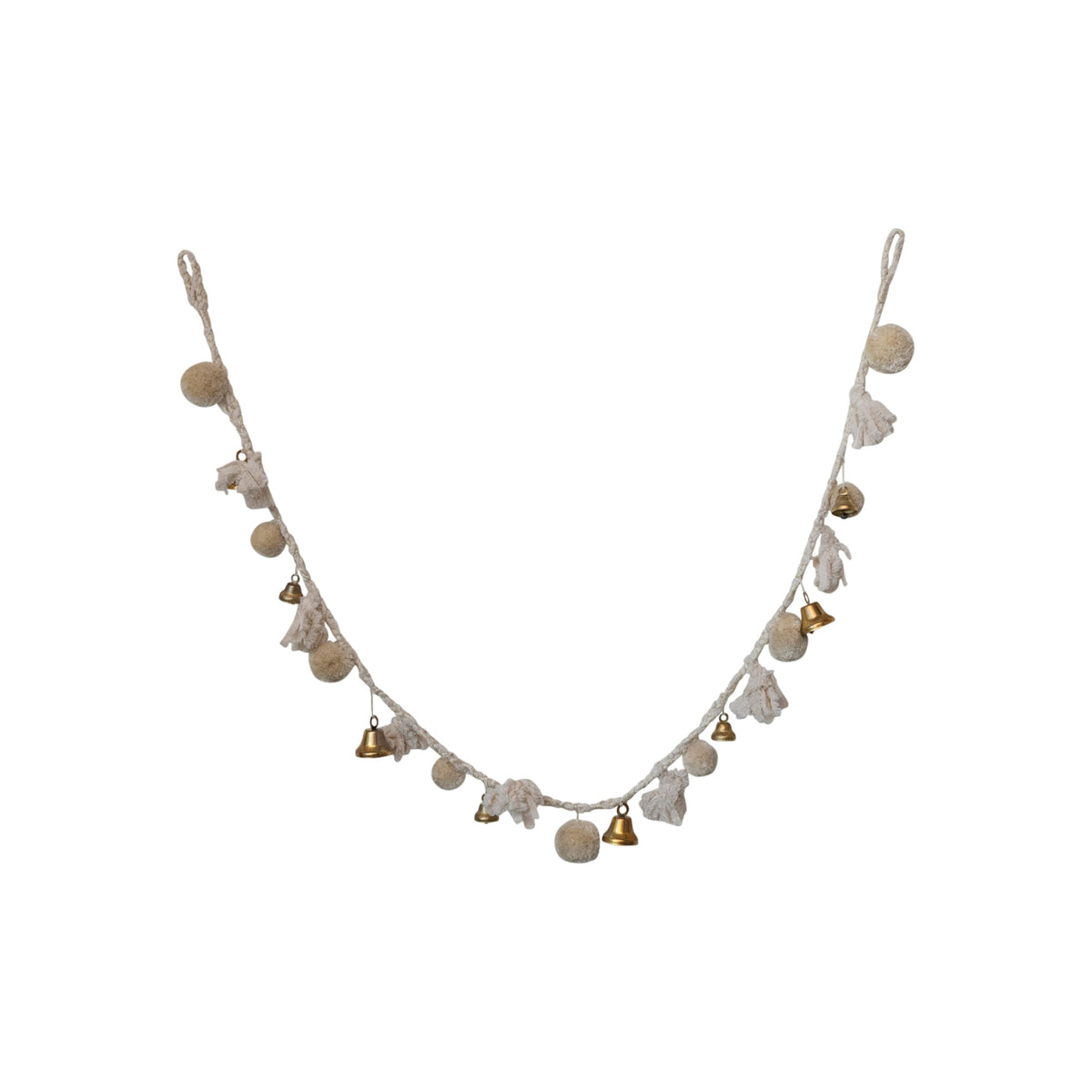 Creative Co-Op Handmade Wool and Cotton Blend Pom Pom and Bell Garland, Natural and Brass Finish