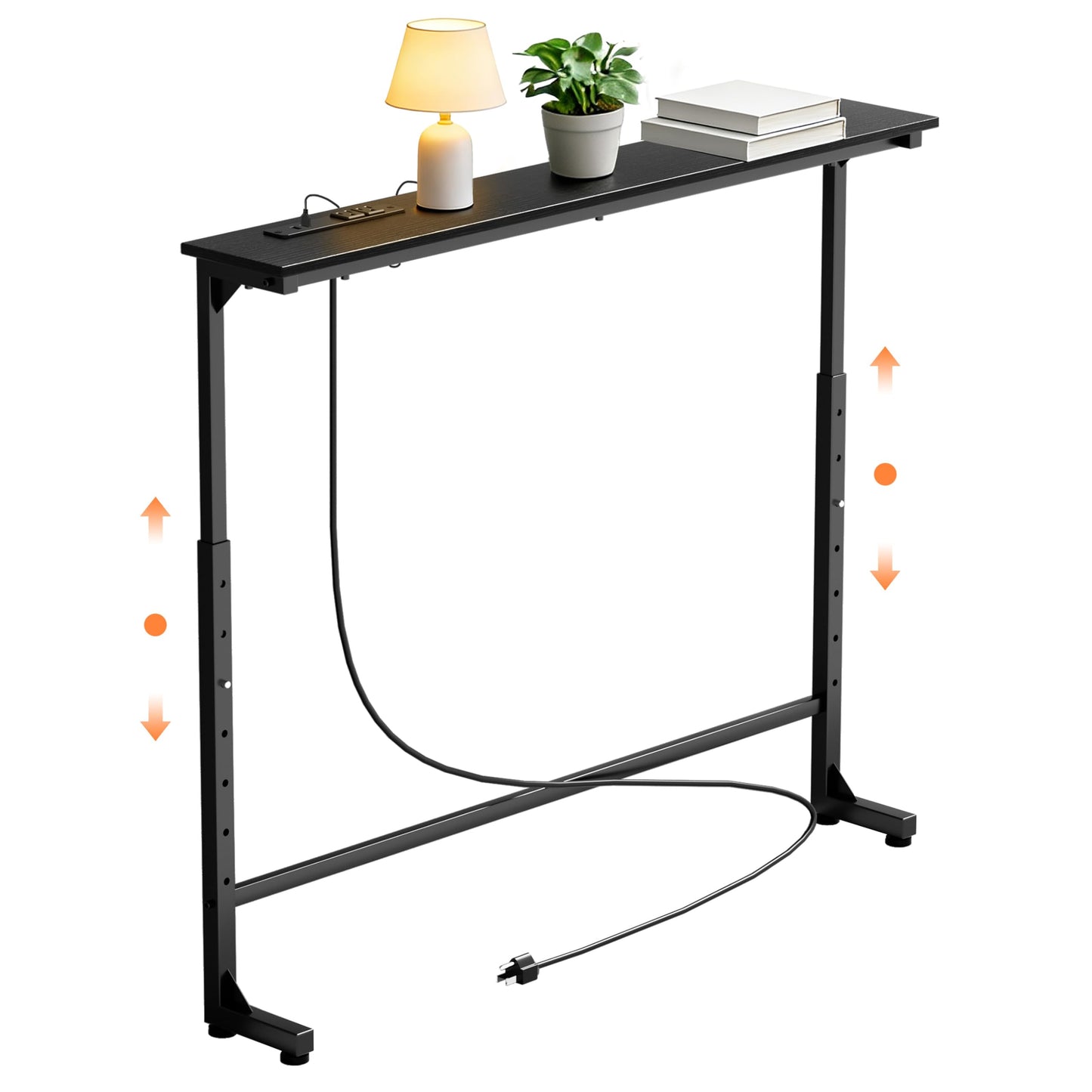GRLEAF 35" Adjustable Height Narrow Console Table with Power Outlets, Long Sofa Table with Charging Station Behind Couch Table Skinny Entryway Table for Living Room, Hallway and Office – Black