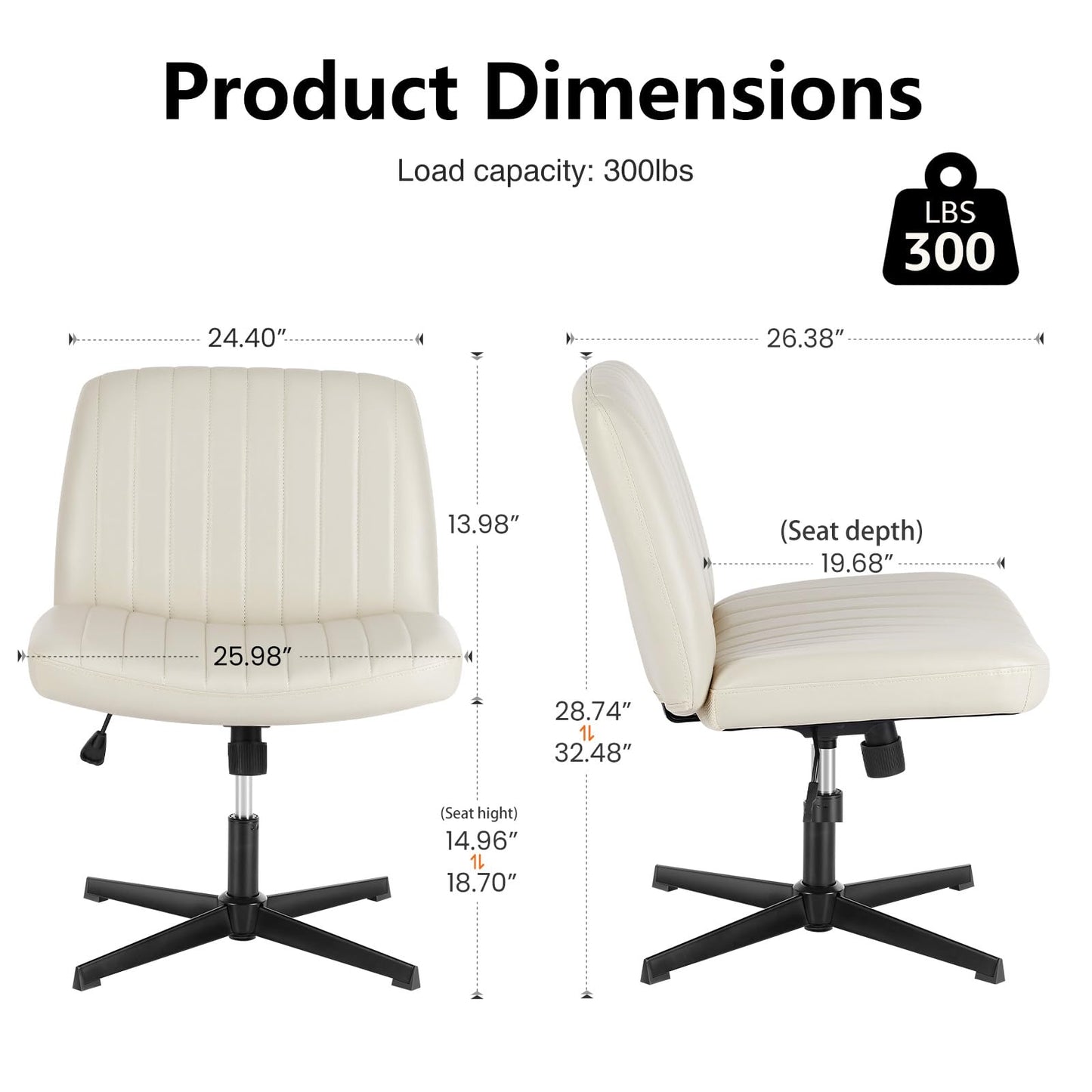 DUMOS Criss Cross Chair No Wheels, Wide Seat Cross Legged Office Desk Vanity Chair, Faux Leather Armless Height Adjustable Swivel Task Computer Chairs for Home, Study, Beige PU