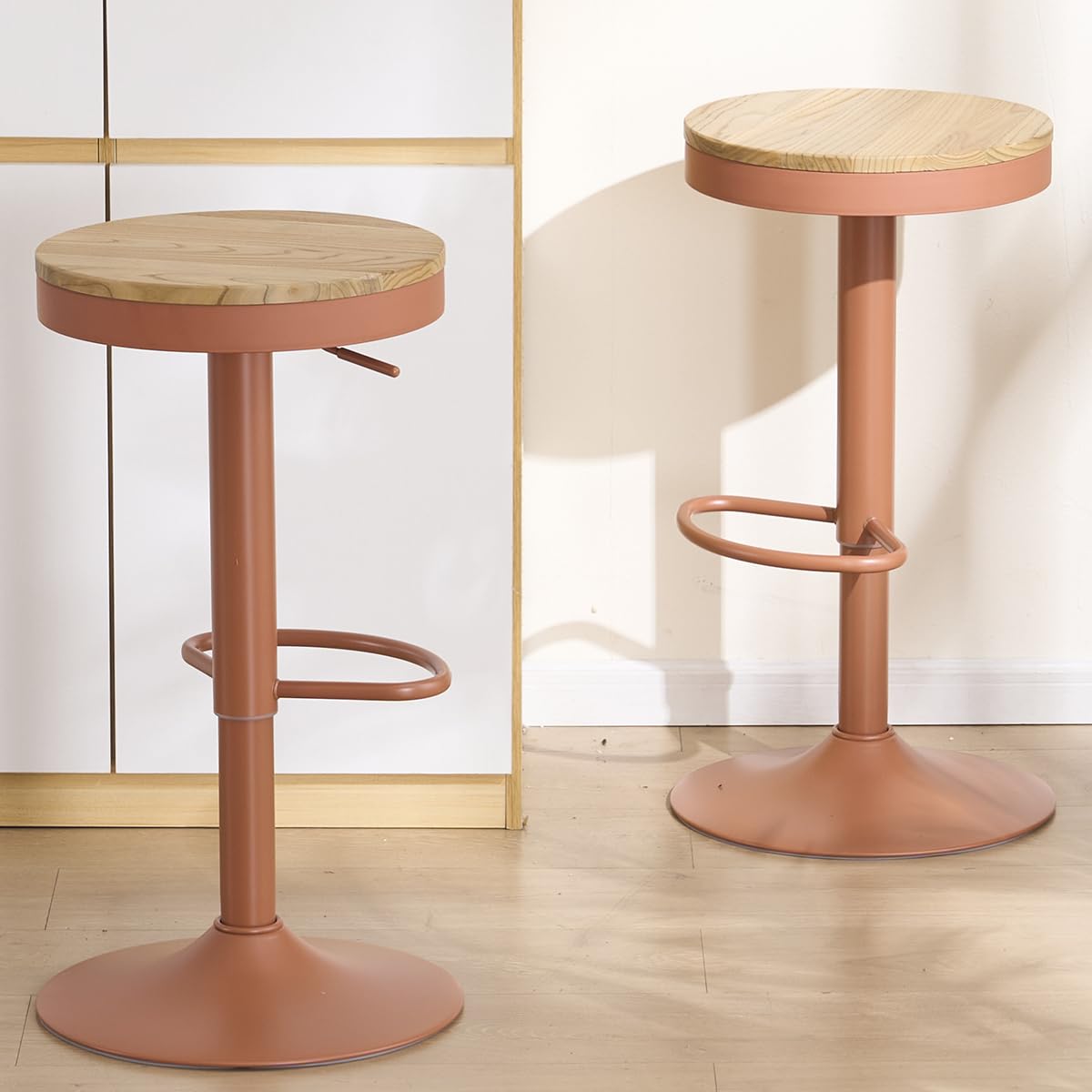 Kidol & Shellder Bar Stools Set of 2 Round Adjustable Swivel Barstools Modern Backless Bar Chairs Wooden Seat Counter Height Stools Armless for Kitchen Island, Cafe, Dining Room Terracotta