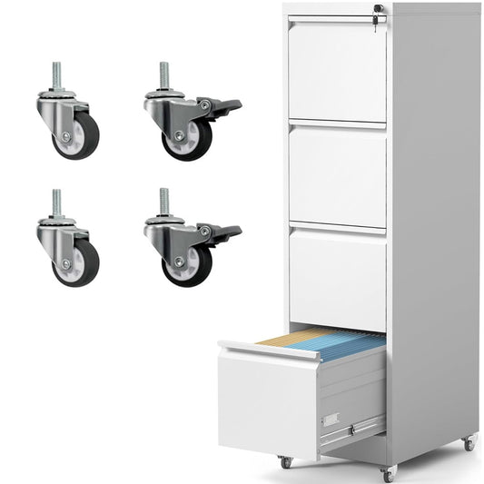 Yukimo 4 Drawer File Cabinet with Wheels, Metal Mobile Filing Cabinets with Lock, Vertical File Cabinet for Home Office, Rolling Storage Cabinet for A4/Letter/Legal Size File, Assembly Required, White