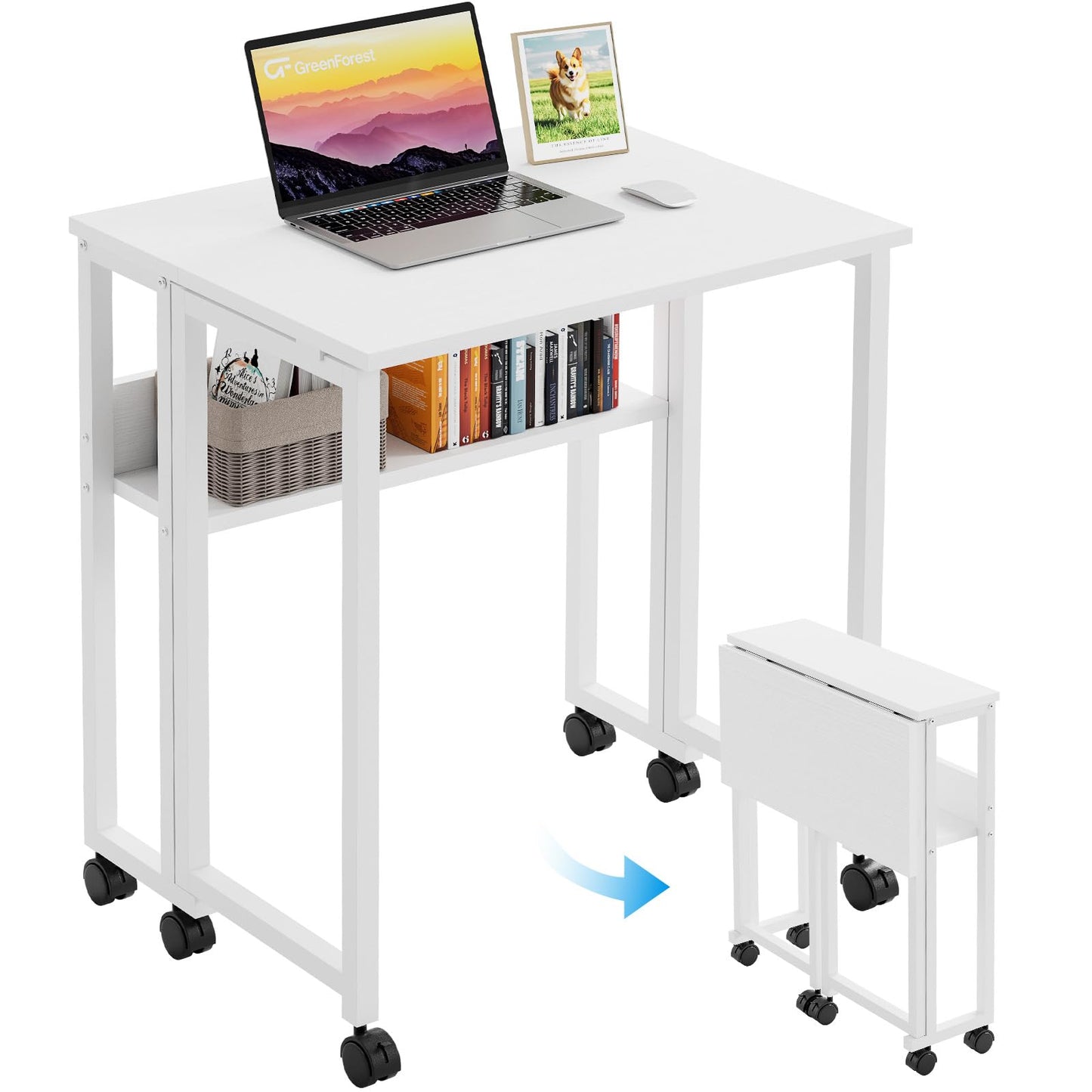 GreenForest Folding Desk with Wheels, 24.8 Inch Compact Rolling Computer Table with Storage Shelf, Portable Mobile Workstation for Small Spaces, Easy Assembly, Pure White