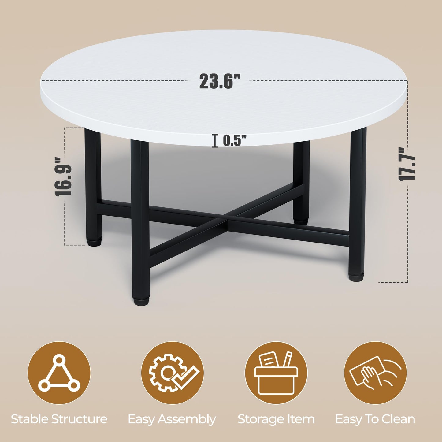 FURMORENE Coffee Table, 23.6" Small Coffee Tables, Gray Round Coffee Tables for Living Room, Floor Table for Sitting on The Floor, Center Coffee Table with Metal Frame for Office Apartment Home, White