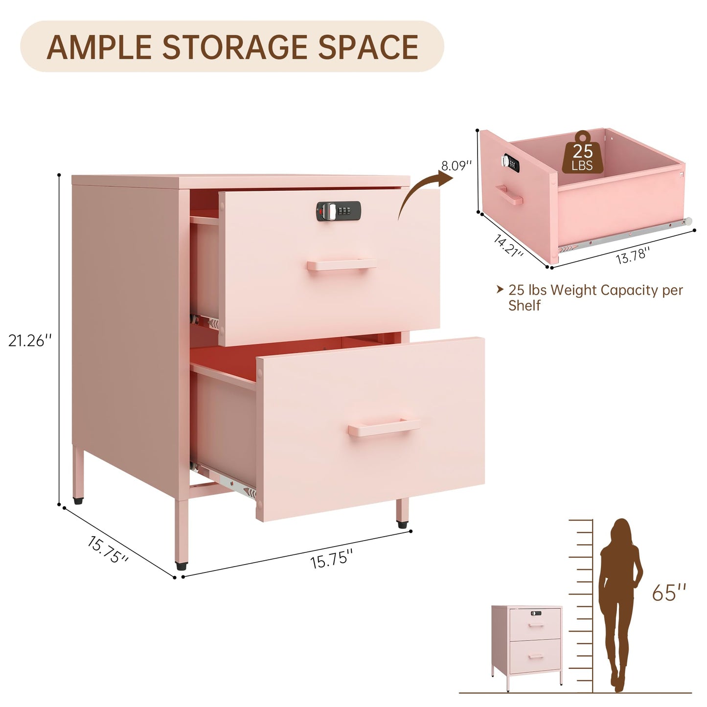 Steehoom Metal Nightstand with Lock, 2 Drawer End Side Table, Lockable Storage Cabinet Kids Cabinet for Living Room, Bedroom, Dorm, 21.26”H X 15.75”W X 15.75”D (2 Drawer, Pink)