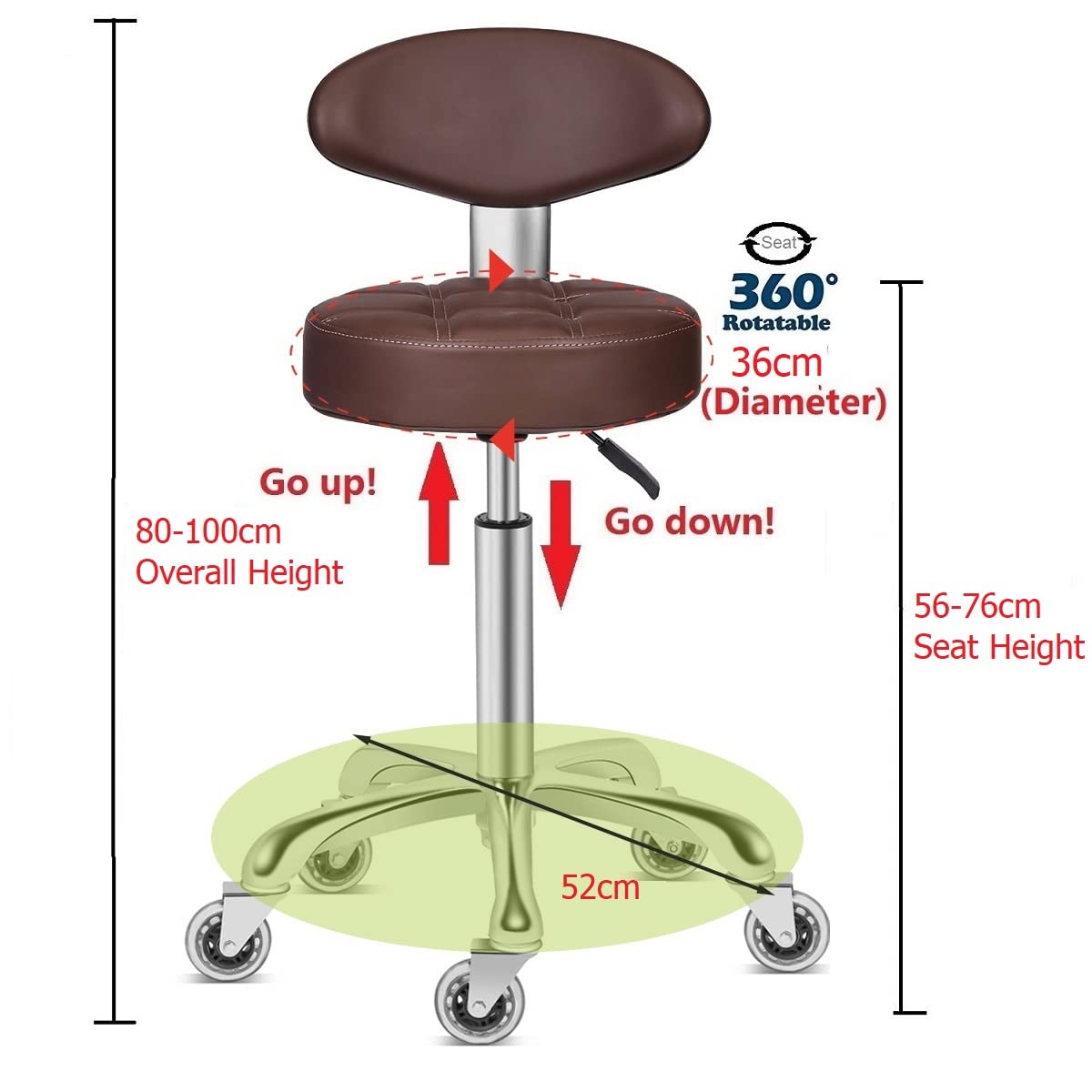 Kaleurrier Swivel Stool Adjustable Height: Heavy Duty Rolling Stool Chair for Kitchen Salon Bar Office Drafting Standing Desk Garage Shop - Seat Height 22-30"(with Back Rest) (Coffee)