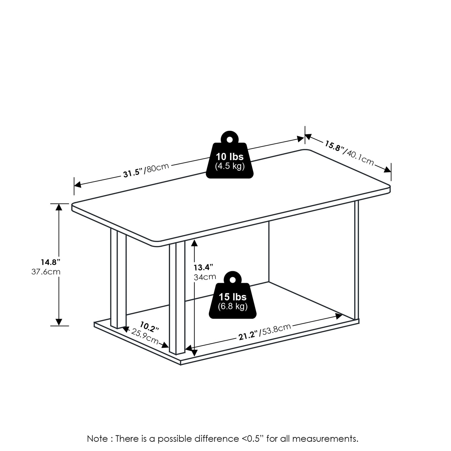 Furinno Basic Coffee Table, 2-Tier Modern Coffee Table with Open Shelf, Easy Assembly Side Table, for Living Room, Bedroom, Home Office, White