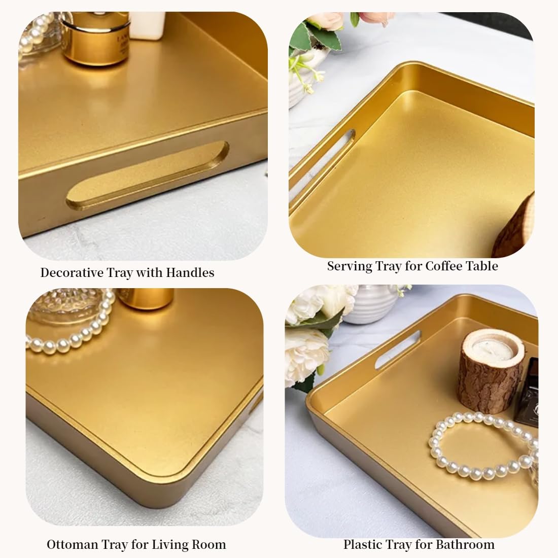 UOEKCS Gold Decorative Tray, Serving Tray with Handles, Plastic Rectangular Tray for Ottoman Coffee Table, Bathroom, Living Room. 15.7"*10.2"