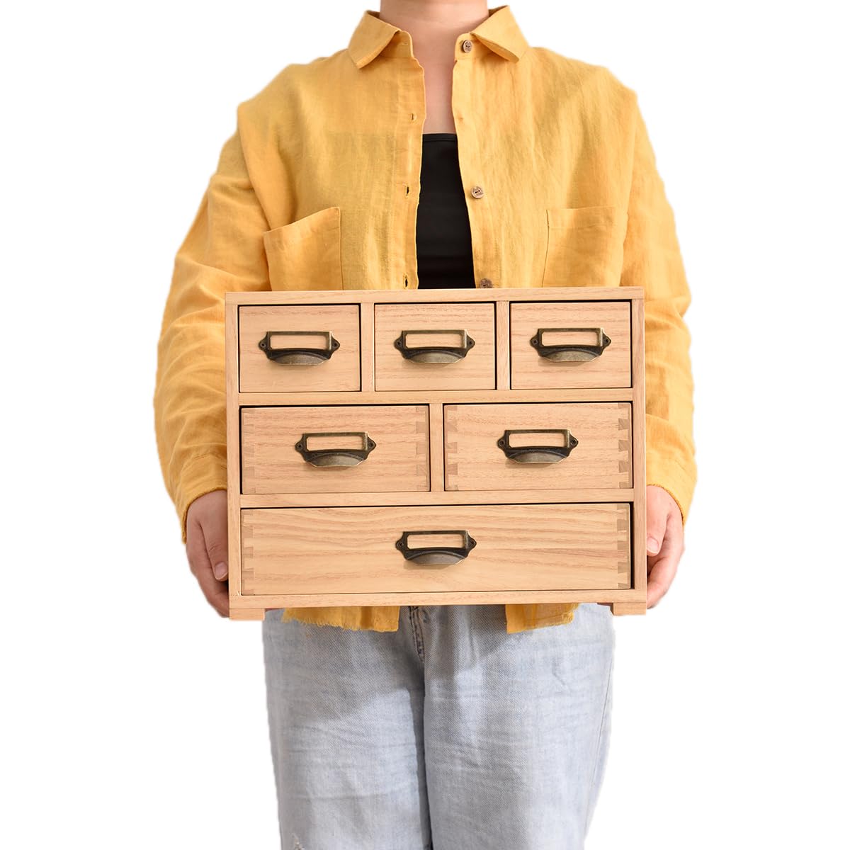 KIRIGEN Wood Desk Drawer Cabinet Organizer, 6-Drawer Mini Storage Chest with Metal Label Holder Handles, Fully Assembled Desktop Organizer for Office Supplies, Crafts, Makeup, Natural 3D6CG-NA