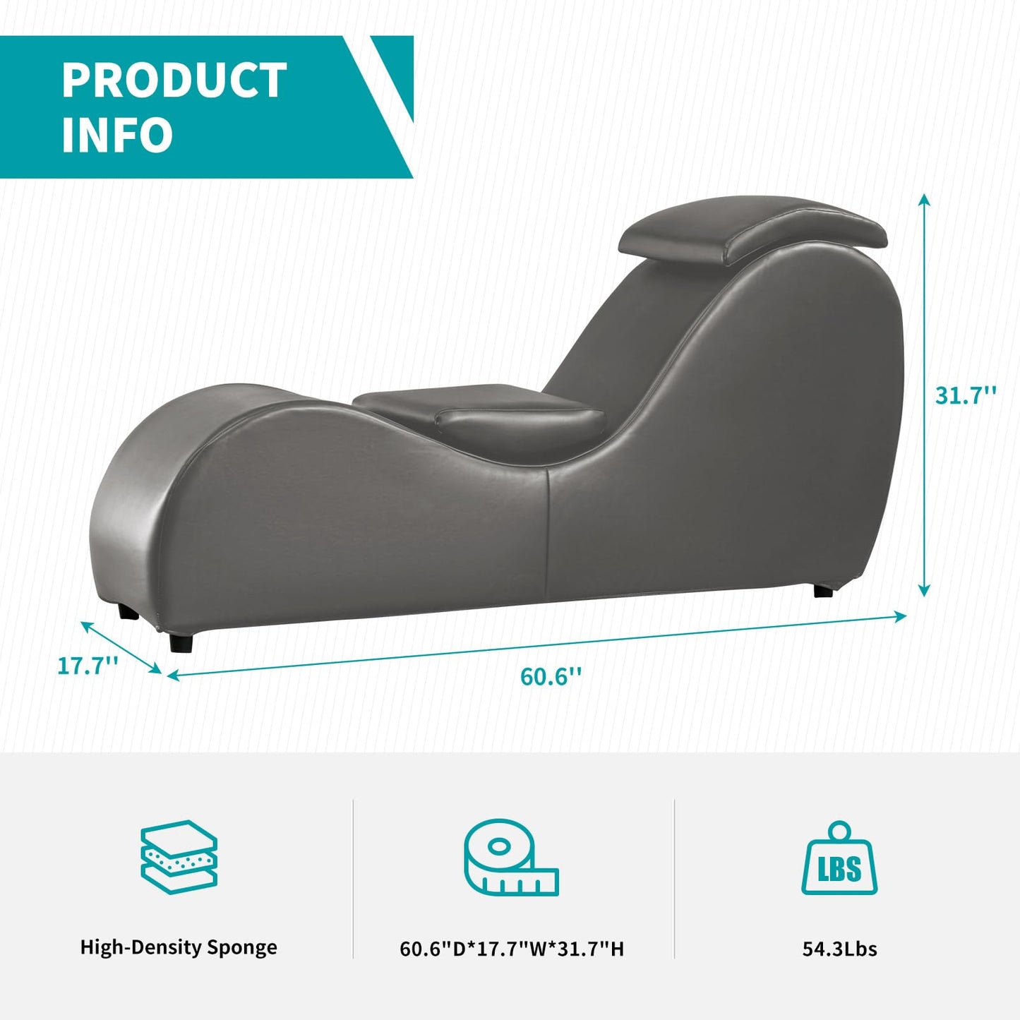 BALUS 60" Chaise Lounge Chair for Yoga Stretching, S-Shape Chair for Adults Exercising Relaxing, Faux Leather & Wooden Indoor Lounge for Living Room, Apartment, Office, Dark Grey