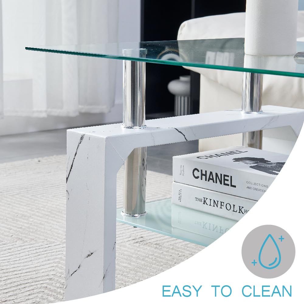 Btrpily Living Room Rectangle Coffee Table, Tea Table Suitable for Waiting Room, Modern Side Coffee Table with Wooden Leg, Glass Tabletop with Lower Shelf, Marble