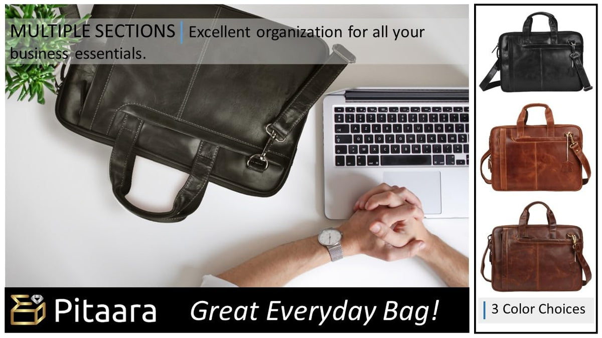 Pitaara Genuine Leather Messenger Laptop Bag For Men And Women, Black Briefcase, Fits Laptop Size 16", Unisex