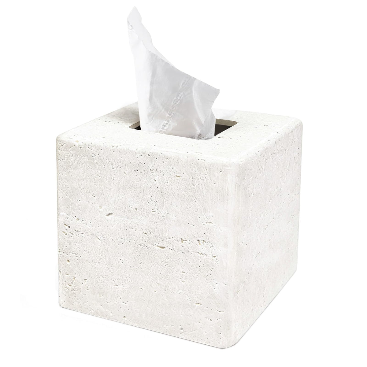 Decorative Square Tissue Box Cover – White Resin Tissue Holder for Bathroom, Bedroom, Countertop, Modern Stone-Look Tissue Box