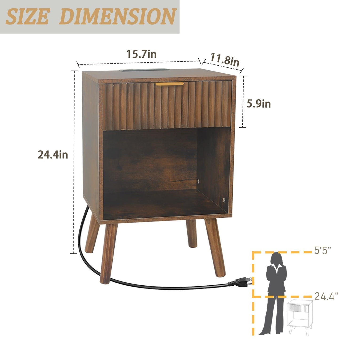 Fultyle Mid Century Modern Nightstand with Charging Station, Modern Bedside Table with Fluted Drawer and Storage Shelf, End Side Tables Living Room for Bedroom, Office (Rustic Brown)