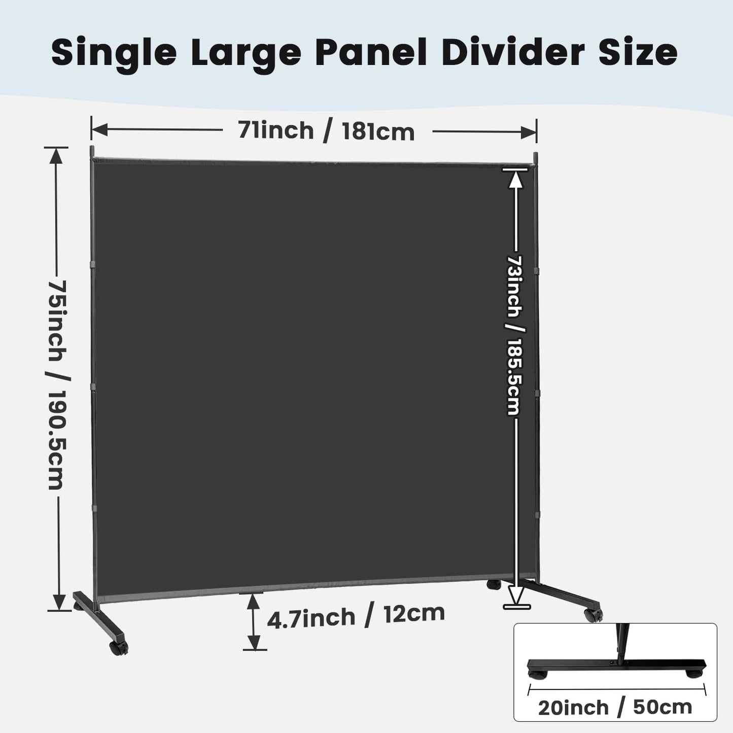 MAYOLIAH Large Single Panel Room Divider on Wheels, 71”W x 75”H Rolling Privacy Screen, Portable Wall Divider for Home Office Partition, Grey