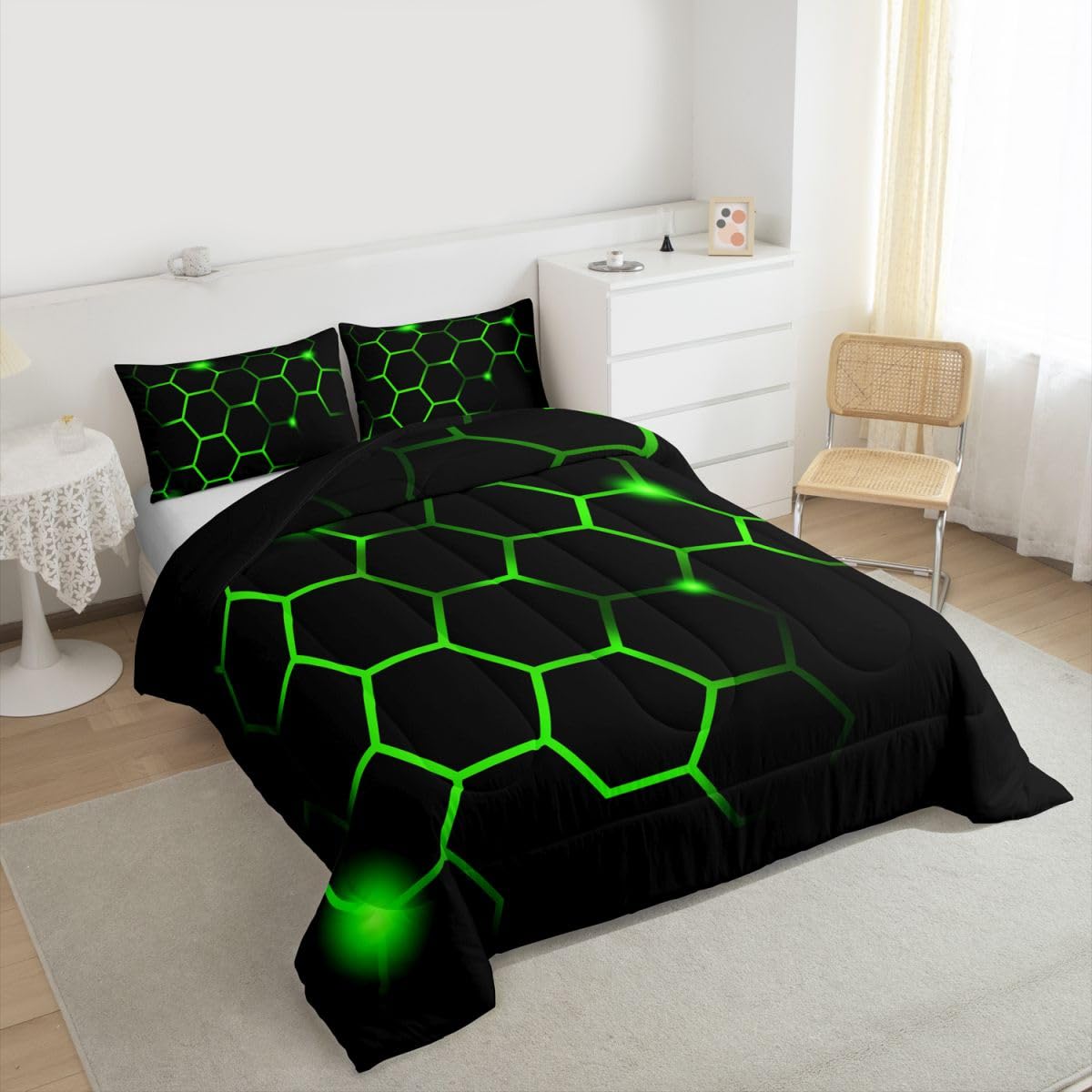 Feelyou Hexagonal Comforter Set Geometric Honeycomb Bedding Set for Kids Adults Neon Green Black Comforter Modern Hexagon Beehive Quilt Set Ultra Soft Room Decor Queen Size Bedroom Collection 3Pcs
