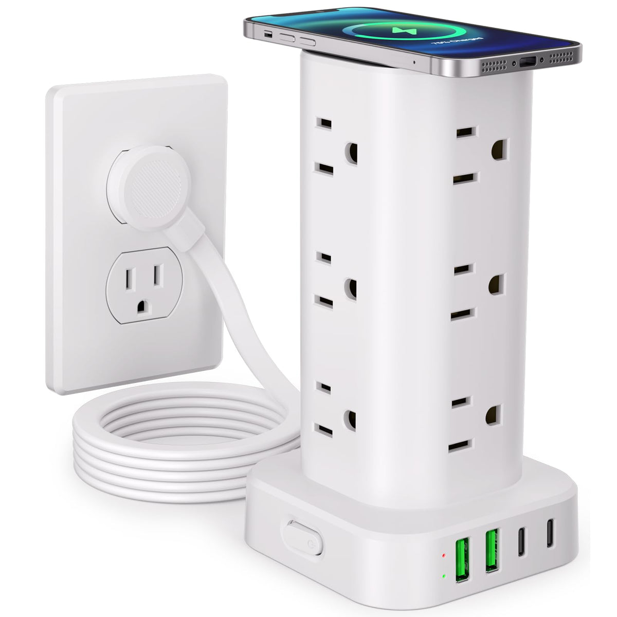 Power Strip Tower with Wireless Charger, Flat Plug Surge Protector Tower with 6FT Extension Cord, 12 AC Multiple Outlets, 4 USB (2 USB C),15W Wireless Charging Power Tower for Home Office Dorm, White