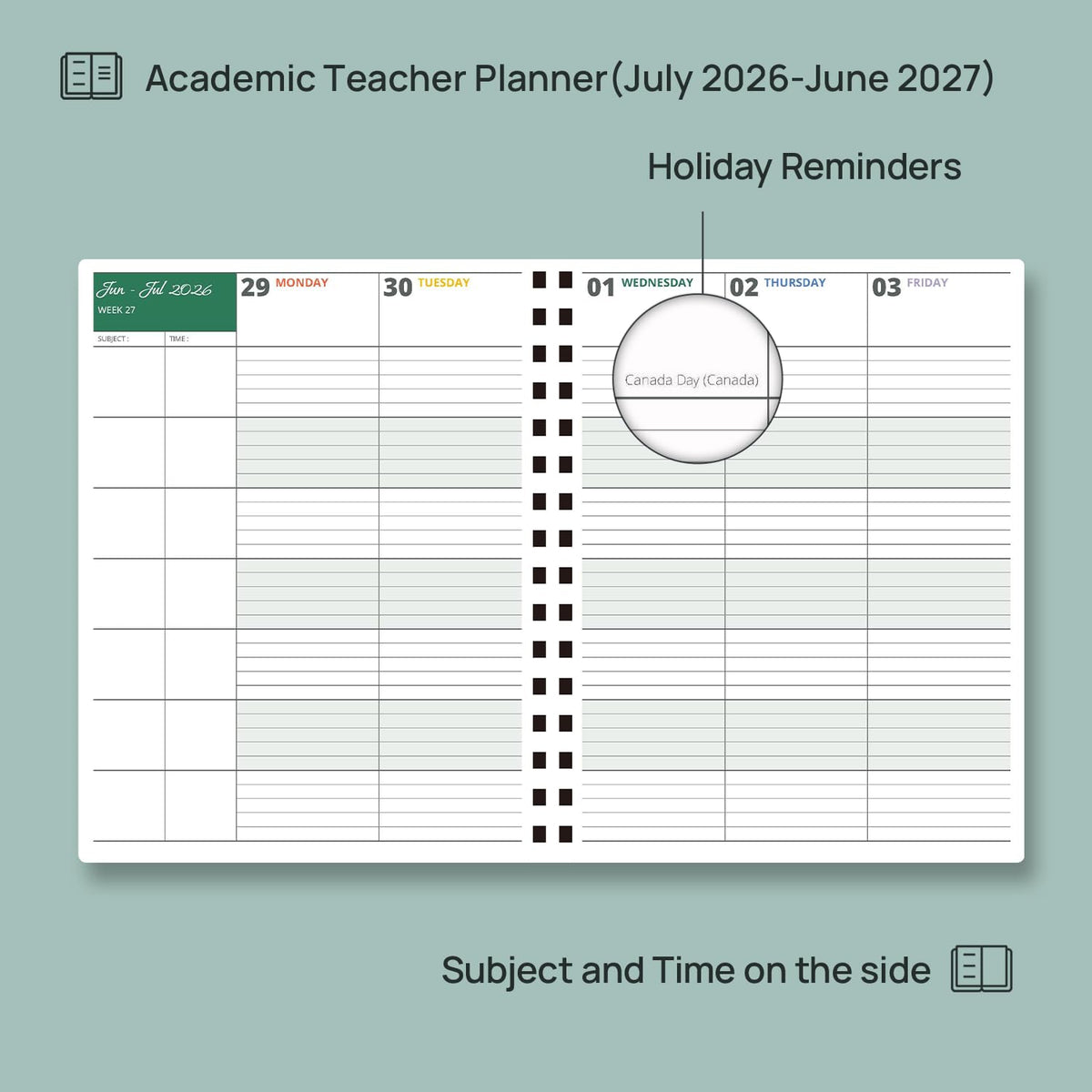 POPRUN Teacher Planner 2026-2027, Letter Size 8.5"x 11", Weekly and Monthly Lesson Calendar, July 2026-June 2027 Academic Agenda Book, 7 Period Lesson Plan Organizer Book - Olive Green