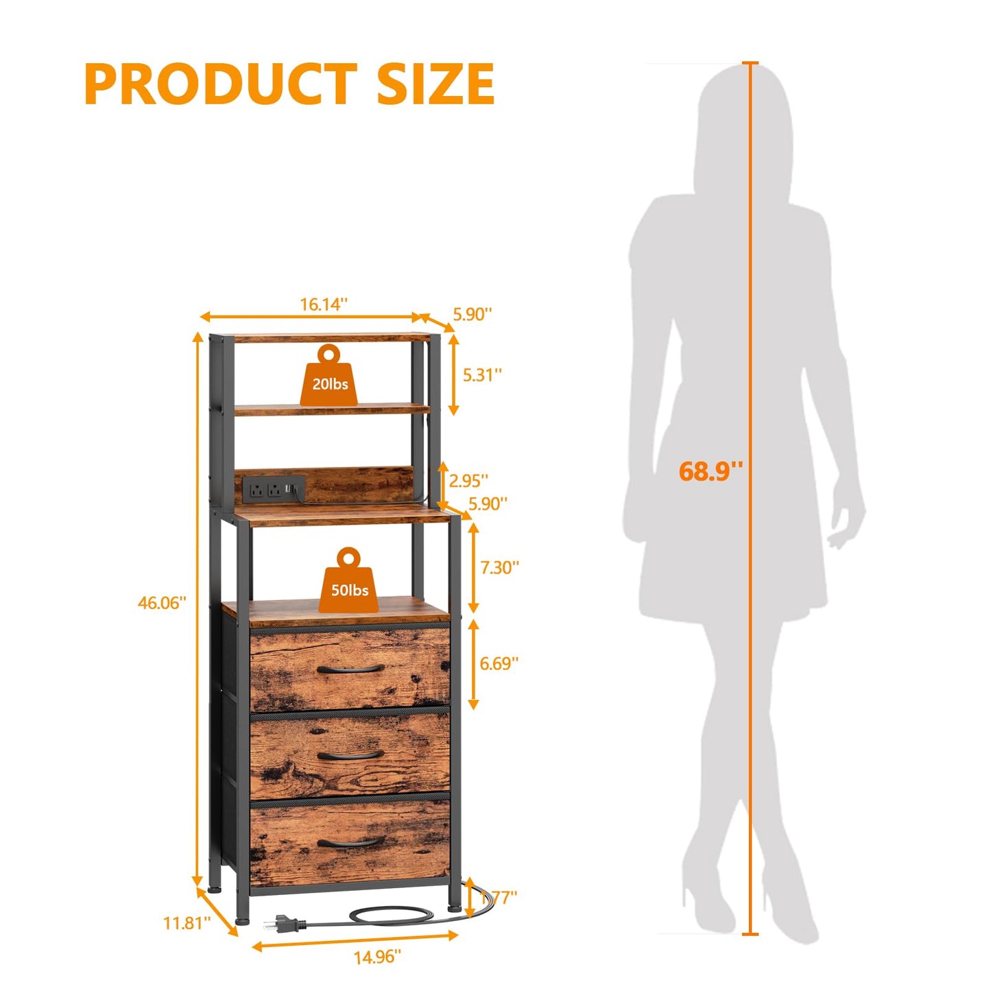 Furnulem Night Stand, Tall Nightstand with 4-Tier Shelves and 3 Fabric Drawers, LED Bed Side Tables with Charging Station, Bedside Table for Bedroom, Hallway, Office, Rustic Brown