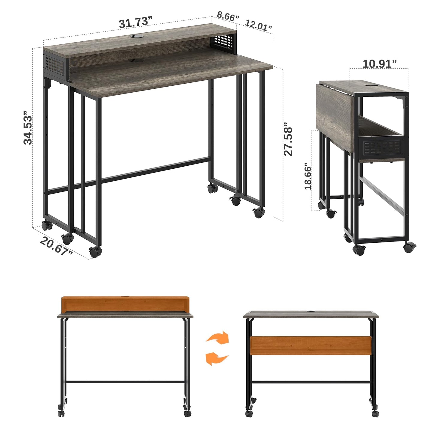 Gezen Folding Desk with Storage Shelf, Small Rolling Desk with Wheels, Mobile Sofa Side Table for Home Office Small Space, Dark Grey, 31.5"
