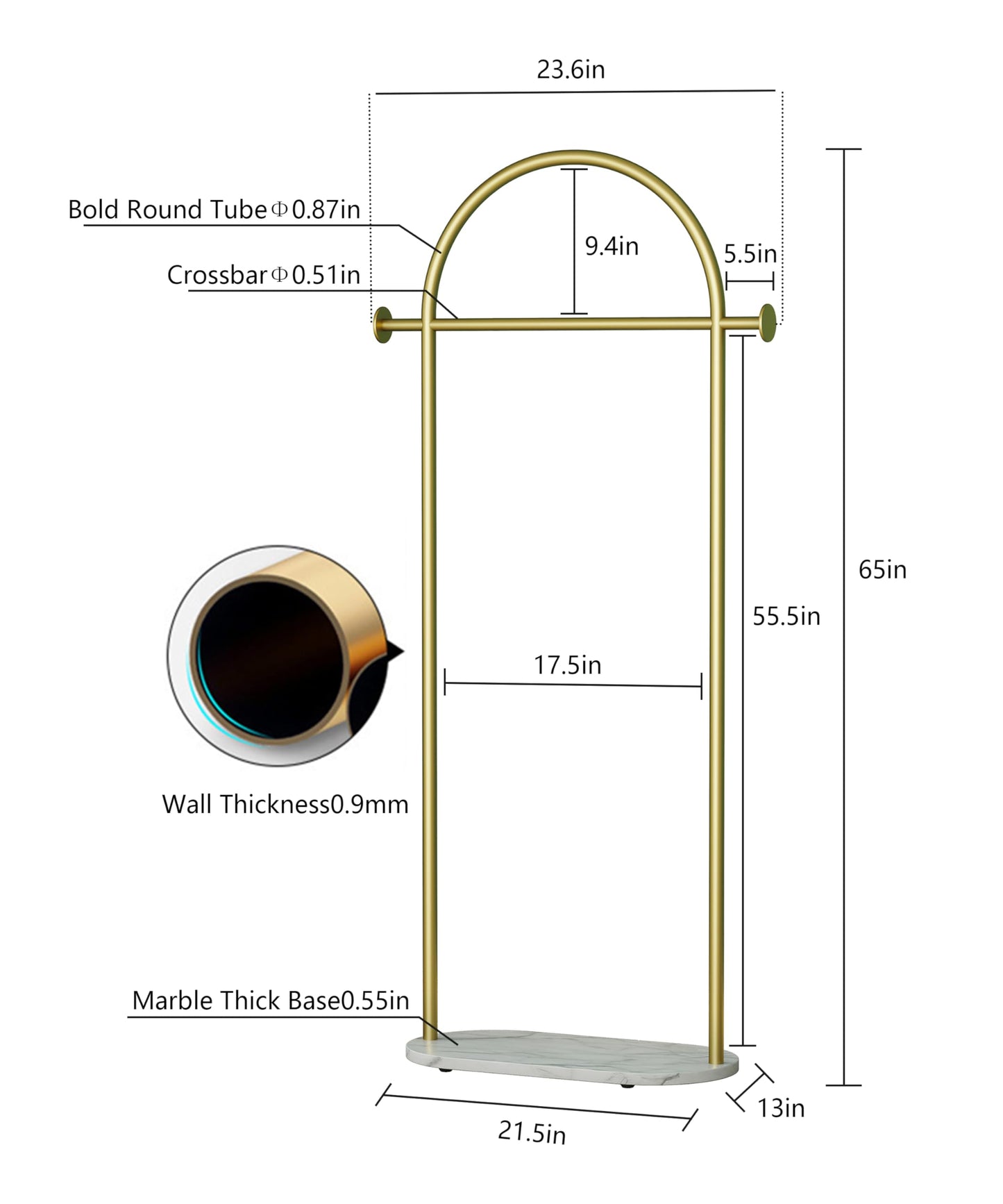 HKaikzo Gold Garment Rack, Modern Coat Racks Freestanding for Hanging Clothes Heavy-duty Clothing Rack with Marble Base, for Bedroom, Bathroom, Living Room, Boutiques 23.6" W