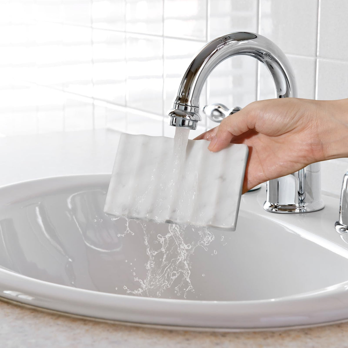 Carrara Marble Soap Dish - Self Draining Holder Keeps Soap Dry, Rectangular Tray for Shower, Bathroom & Jewelry Display (White)