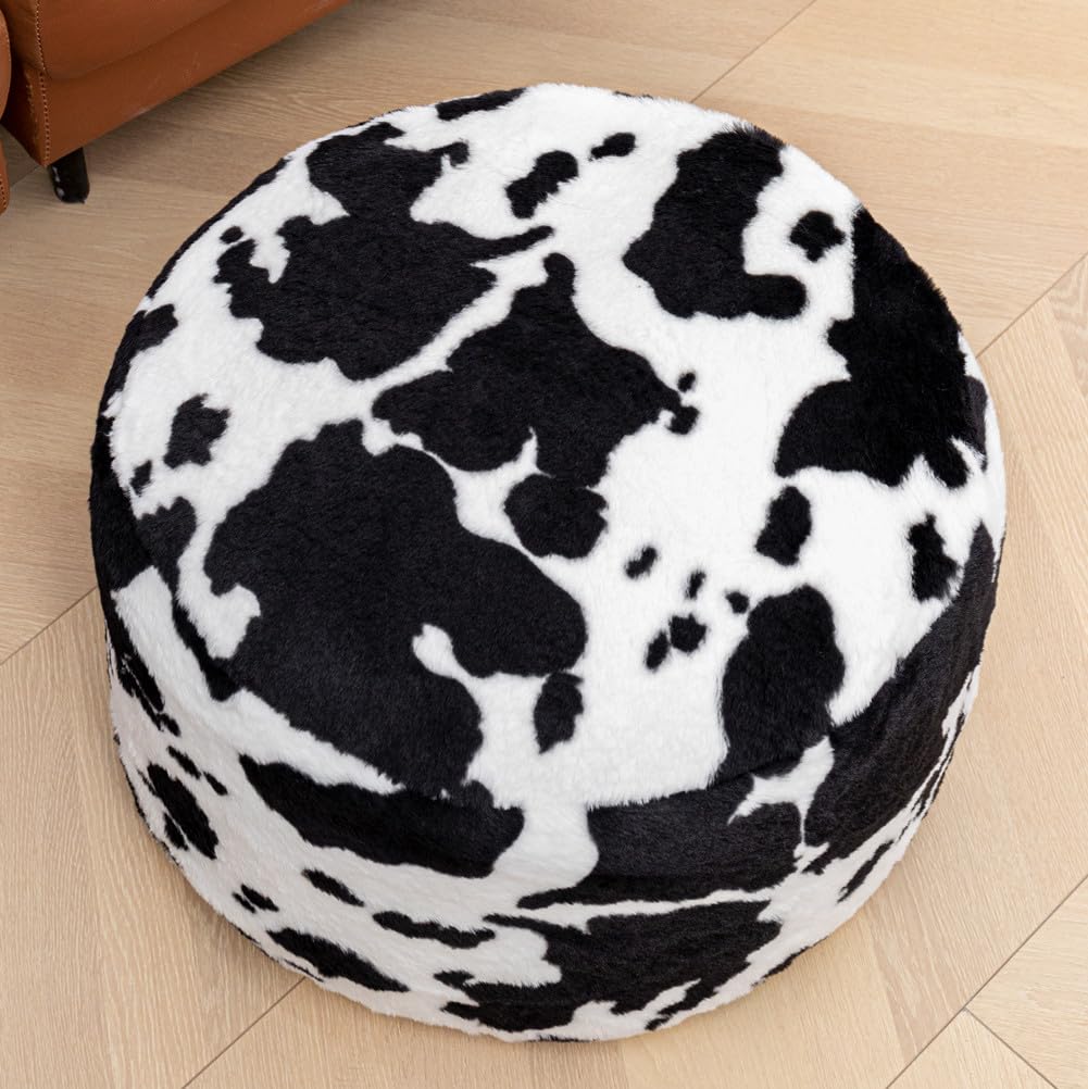 Round Pouf Ottoman 20 x 20 x 14 Inches Boho Poof Home Decor Floor Pouffe Ottoman Foot Rest for Couch Sofa Bean Bag Chairs Living Room Bedroom (Black White Cow Print)