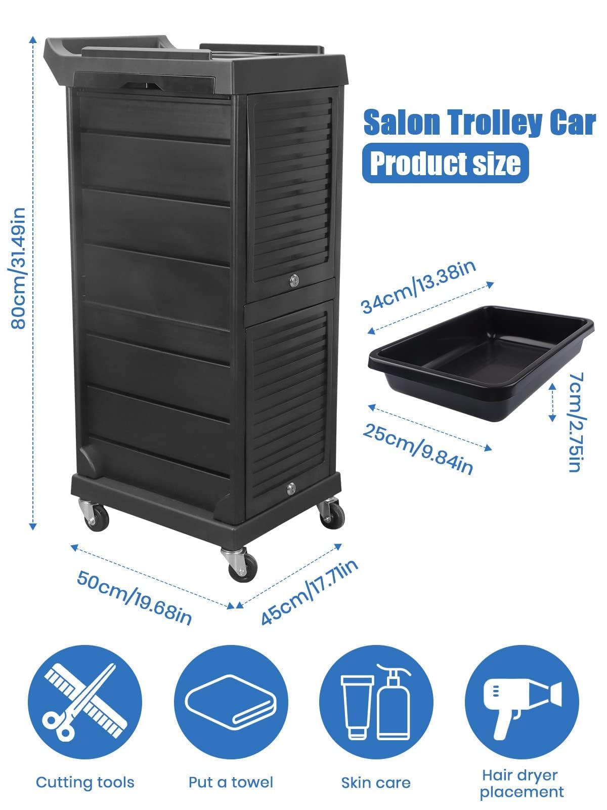 Lorvain Salon Beauty Rolling Trolley Cart, 3FT Hair Storage Cabinet Barber Organizer Tool Multi Drawers Rolling Cart Free Standing Furniture with 4 Universal Wheels Hair Supplies (Black)