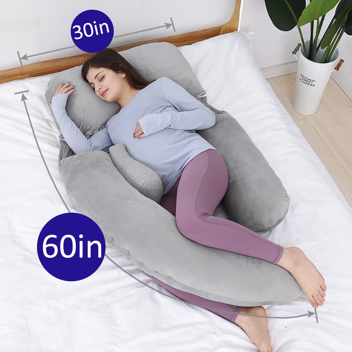 AS AWESLINGDetachable Maternity Pillow for Pregnant Women | 60in Pregnancy Pillows for Sleeping | Extra Large Full Body Pillow for Pregnancy with Crystal Velvet Cover(Dark Gray)