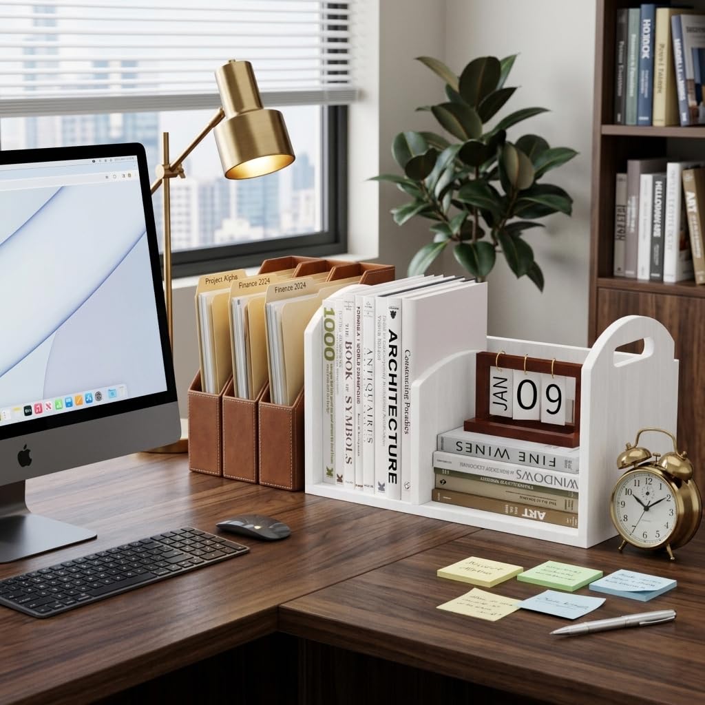 100% Solid Wood Adjustable Desktop Bookshelf, Retro Tabletop Book Shelf File Holder, Vertical Bookshelf Divider Desk Shelf for Home School Office Organization, Perfect for Books Magazine (White)